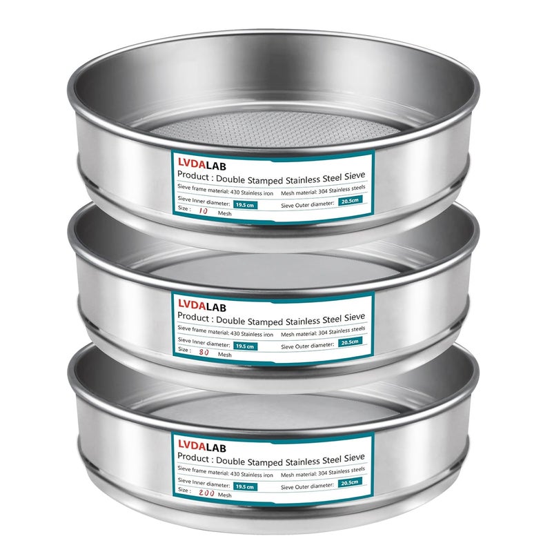 LVDALAB 3 Pack 304 Stainless Steel Mesh Lab Sieves, 200mesh 0.075mm, 80 Mesh 0.2mm, 10 Mesh 2mm Aperture Test Sieve,7.9in/20cm Dia Economy Test Sieve for Industrial Laboratory Homes - Image 1